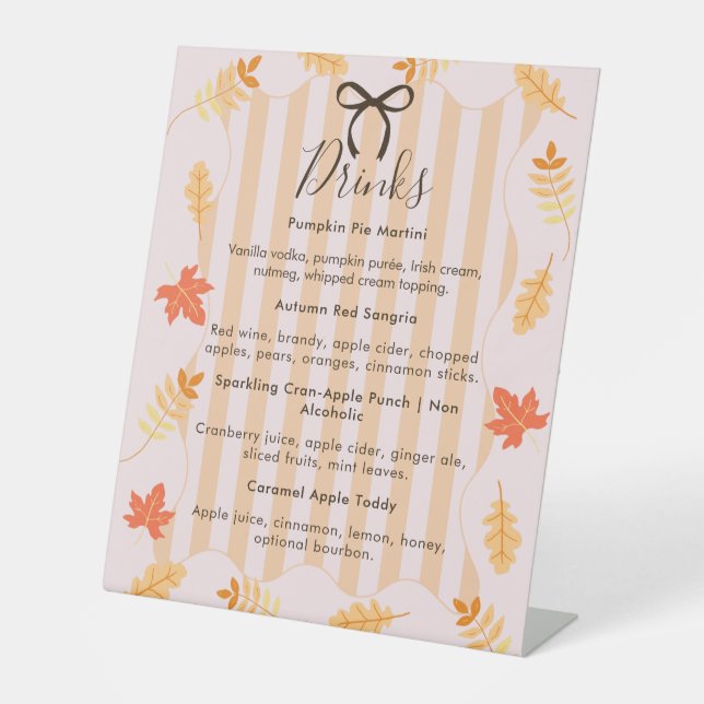 Pink Stripes Autumn Leaves Thanksgiving Drinks Pedestal Sign (Front)