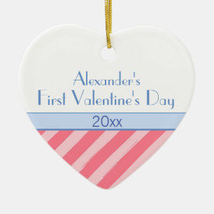Pink Stripes Baby Boy Photo First Valentine's Day Ceramic Ornament