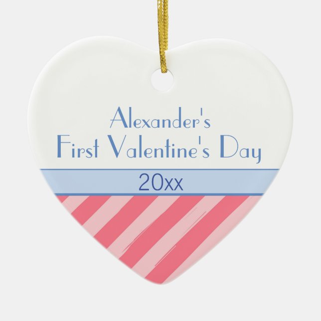 Pink Stripes Baby Boy Photo First Valentine's Day Ceramic Ornament (Front)