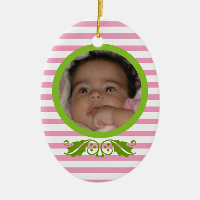 Pink stripes Baby’s 1st Christmas photo Ornament (Front)