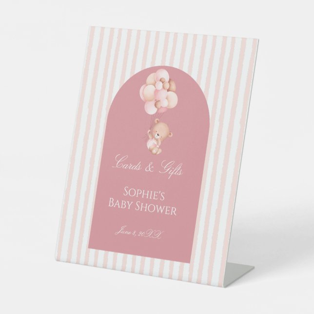 Pink Stripes Balloons Cute Teddy Bear Cards & Gift Pedestal Sign (Front)