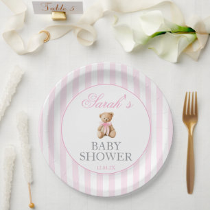 Pink Stripes Bear Baby Shower Paper Plate