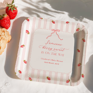 Pink Stripes Berry Sweet Baby Shower Paper Plate