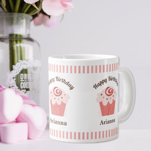 Pink Stripes Birthday Cupcake  Large Coffee Mug