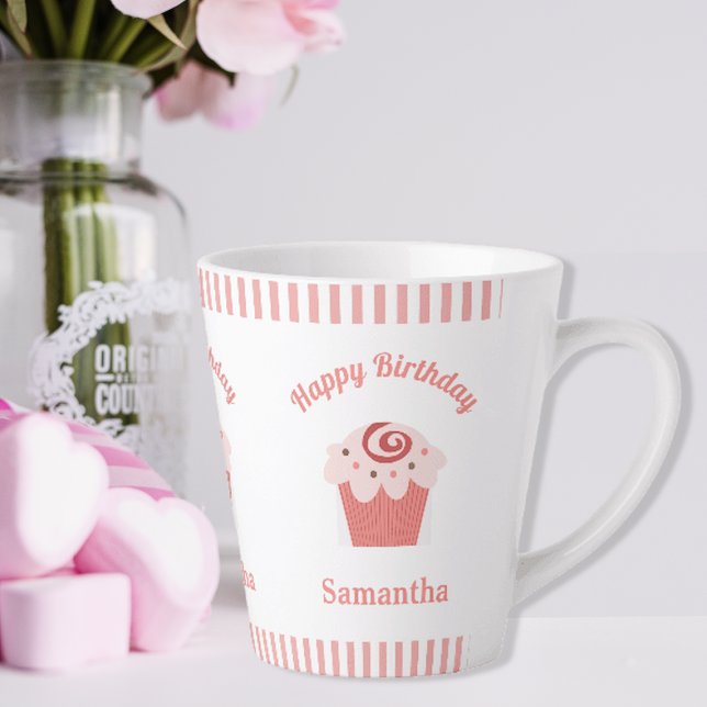 Pink Stripes Birthday Cupcake Latte Mug (Creator Uploaded)