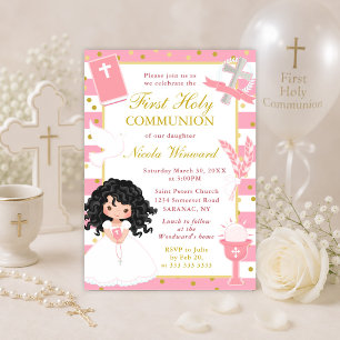 Pink Stripes Black Hair Girl First Holy Communion Invitation