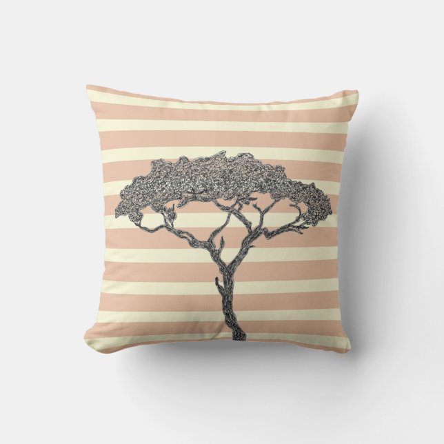 Pink stripes black tree cushion (Front)