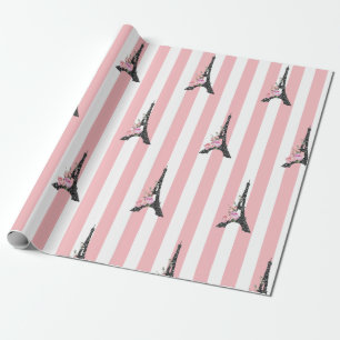 Pink stripes bleck Eiffel tower Paris theme Wrapping Paper