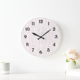 Pink Stripes Blue Hearts Large Clock