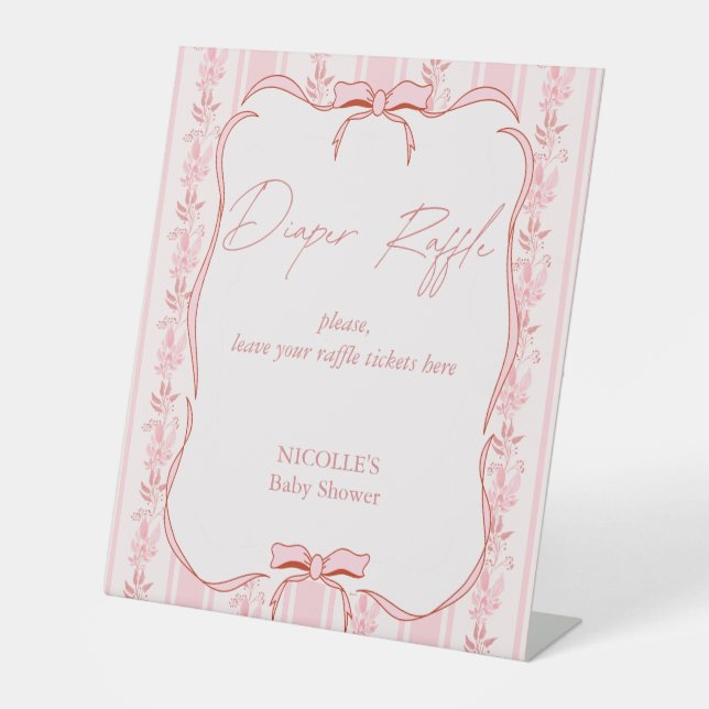 Pink stripes bow baby shower diaper raffle sign (Front)