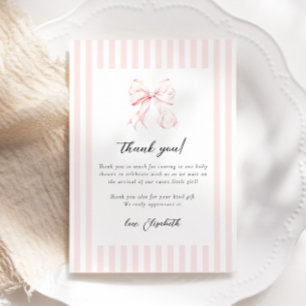 Pink Stripes Bow Baby Shower Thank You Card
