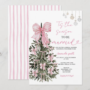 Pink Stripes Bow Christmas Tree Couple Wedding Invitation