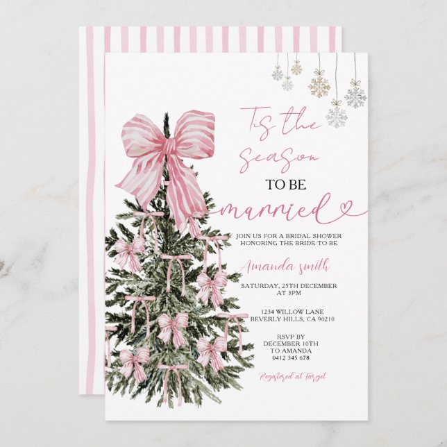 Pink Stripes Bow Christmas Tree Couple Wedding Invitation (Front/Back)