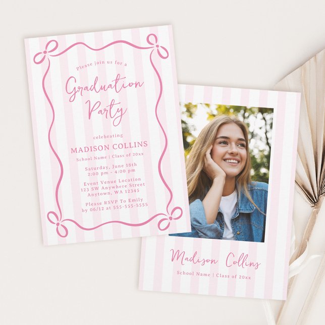 Pink Stripes Bow Frame Graduation Party Photo Invitation (Creator Uploaded)