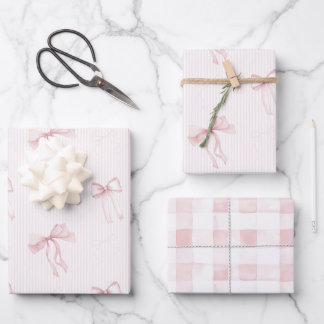 Pink Stripes Bows Plaid Stripes Birthday Wrapping Paper Sheet