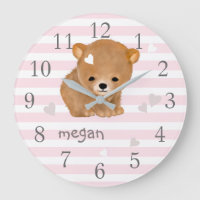 Pink Stripes Brown Bear Nursery Decor Wall Clock