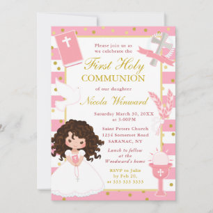 Pink Stripes Brown Hair Girl First Holy Communion Invitation