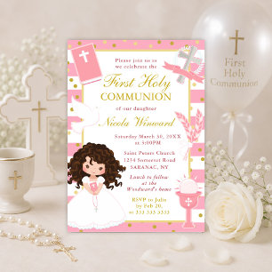 Pink Stripes Brown Hair Girl First Holy Communion Invitation
