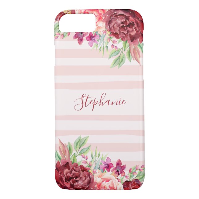 Pink Stripes Burgundy Floral Monogram Case-Mate iPhone Case (Back)