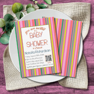 Pink Stripes Colorful Rainbow Modern Baby Shower Invitation