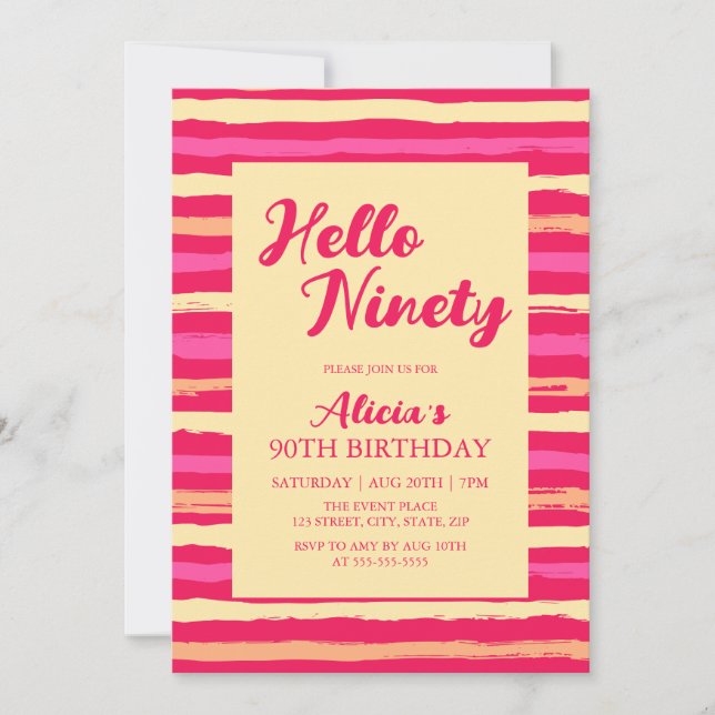 Pink Stripes Colourful Hello Ninety Girly Birthday Invitation (Front)