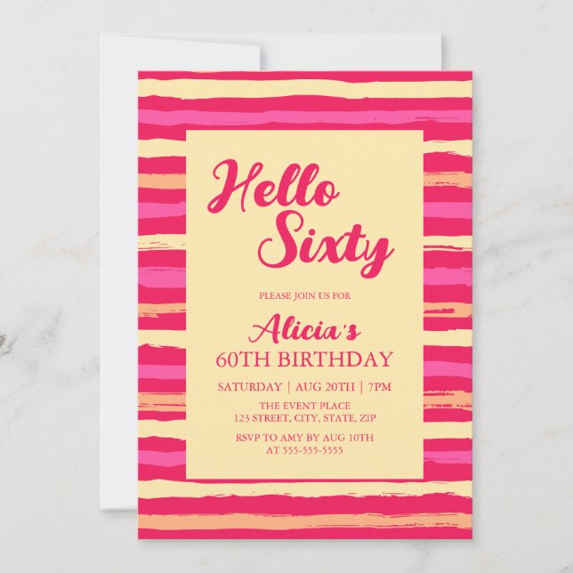 Pink Stripes Colourful Hello Sixty Girly Birthday  Invitation (Front)