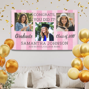 Pink Stripes Congrats Graduate 3 Photo Graduation Banner