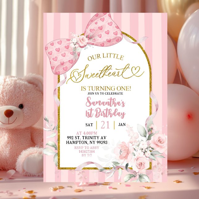 Pink Stripes Coquette Sweetheart First Birthday Invitation (Creator Uploaded)