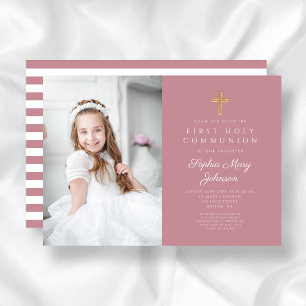 Pink Stripes Cross Girl First Communion Photo Invitation