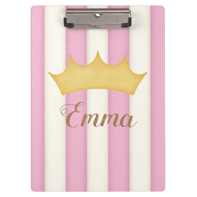Pink Stripes Crowned Princess Personalised Name Clipboard (Front)