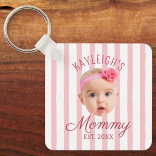 Pink Stripes Custom Face Photo Keepsake Mum Mummy Key Ring