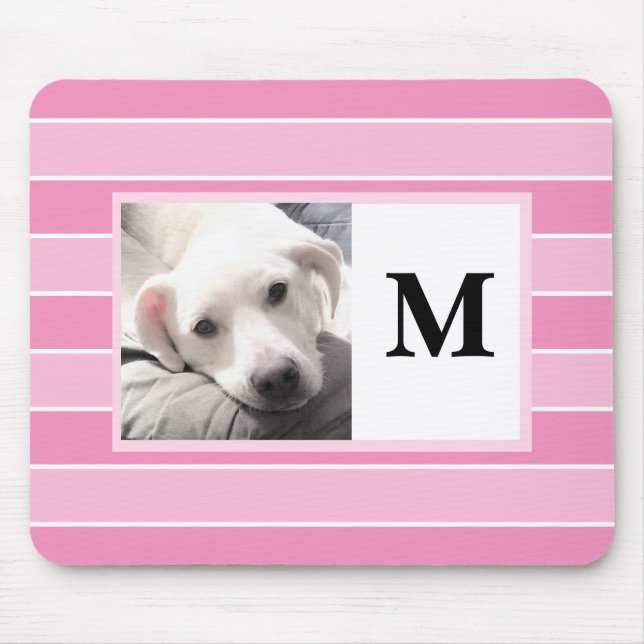 Pink Stripes Custom Initial One Photo Cute Dog Mou Mouse Pad (Front)