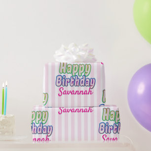 Pink Stripes Custom Name Happy Birthday Colourful  Wrapping Paper