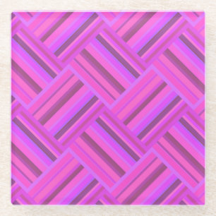 Pink stripes diagonal weave pattern glass coaster