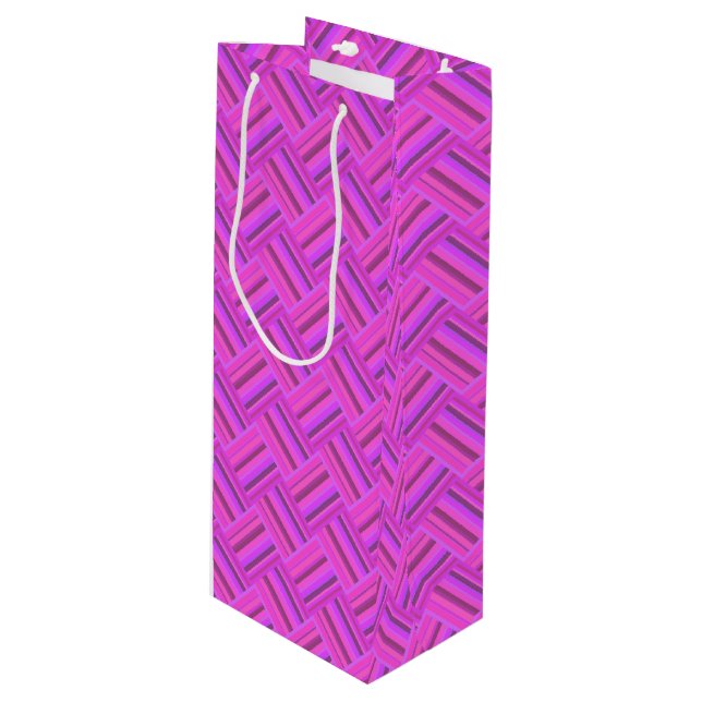 Pink stripes diagonal weave pattern wine gift bag (Front Angled)