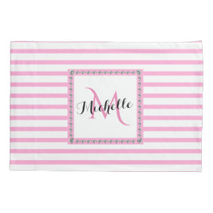 Pink Stripes Diamond Monogram   Modern Trendy Pillowcase