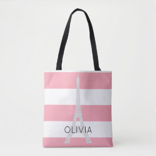 Pink Stripes Eiffel Tower   Custom Name Tote Bag