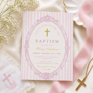 Pink Stripes Elegant Vintage Girl Baptism Invitation