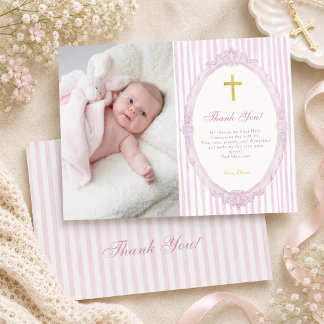 Pink Stripes Elegant Vintage Girl Baptism Photo Thank You Card