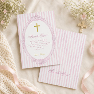 Pink Stripes Elegant Vintage Girl Baptism Thank You Card