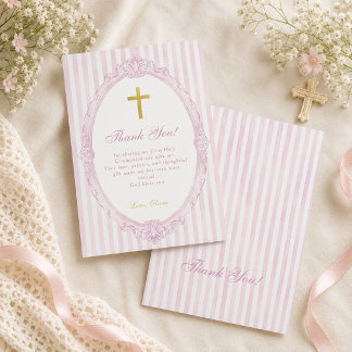Pink Stripes Elegant Vintage Girl Baptism Thank You Card