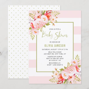 Pink Stripes Floral Bridal Shower Invitation