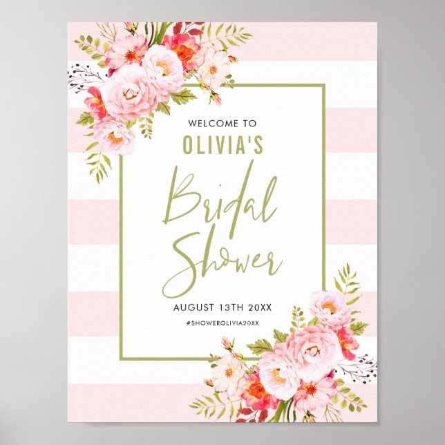 Pink Stripes Floral Bridal Shower Welcome Sign (Front)