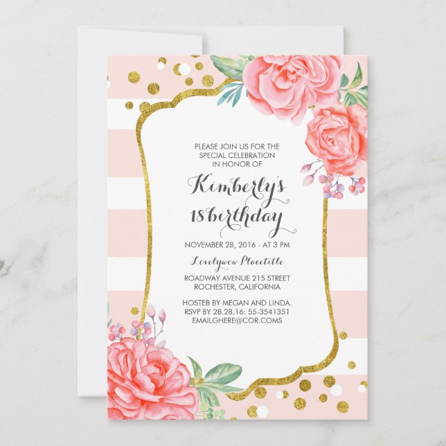 Pink Stripes Floral Gold Confetti Birthday Party Invitation (Front)