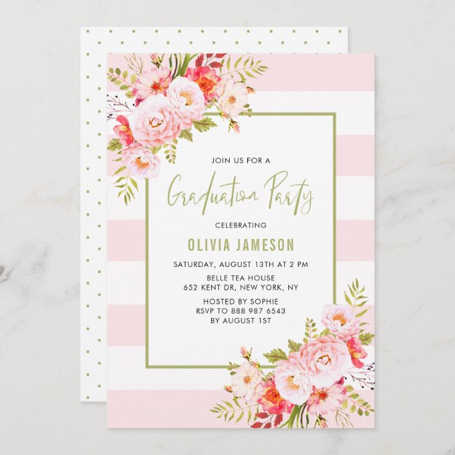 Pink Stripes Floral Graduation Party Invitation (Front/Back)