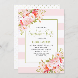 Pink Stripes Floral Graduation Party Invitation