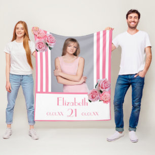 Pink stripes floral photo name 21st birthday fleece blanket