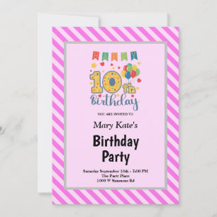 Pink Stripes Framed 10th Birthday Party Invitation