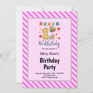 Pink Stripes Framed 1st Birthday Party Invitation
