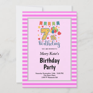 Pink Stripes Framed 7th Birthday Party Invitation